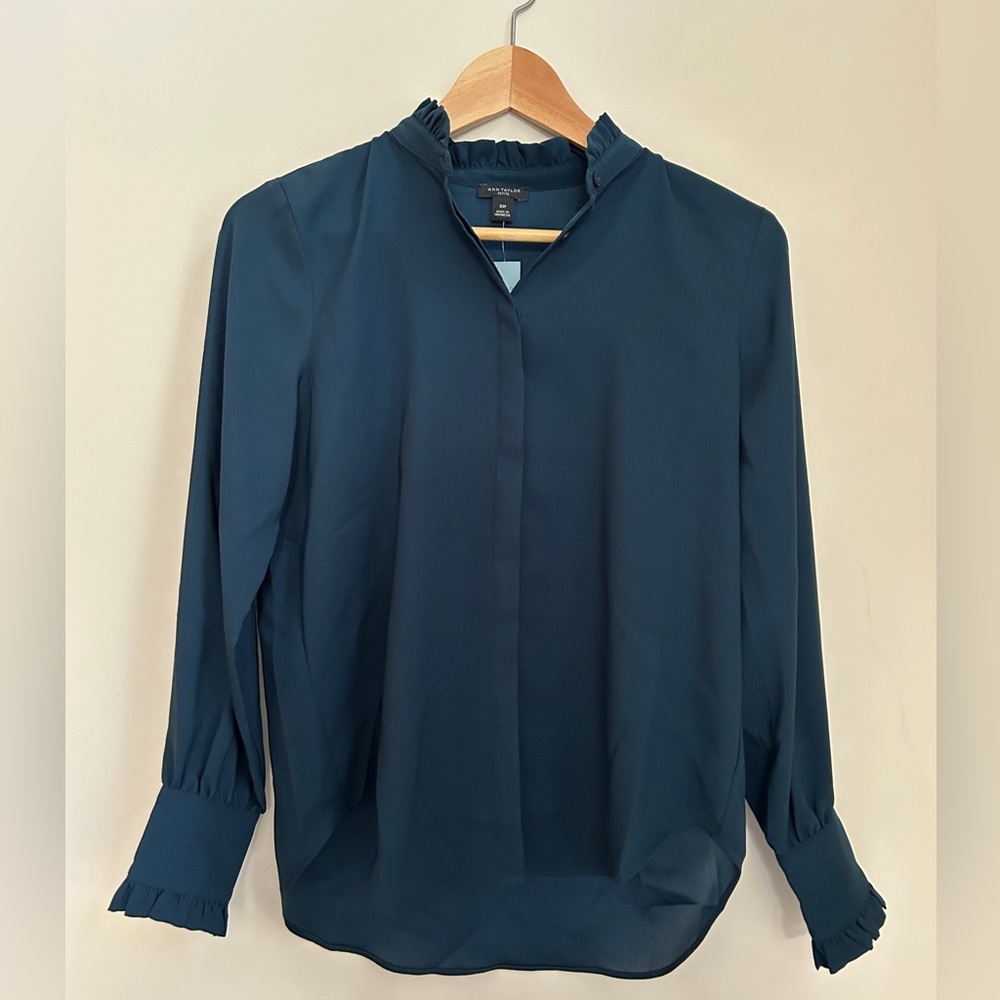 Ann Taylor Dark Blue Green Ruffled Blouse